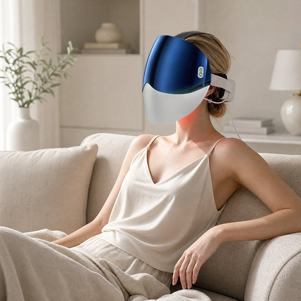 Woman relaxing with Lovetenet LED face mask