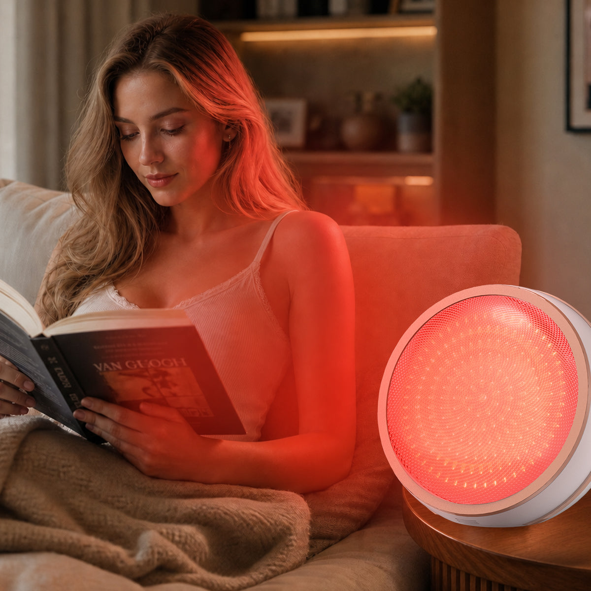Woman reading beside a Lovetenet round light panel