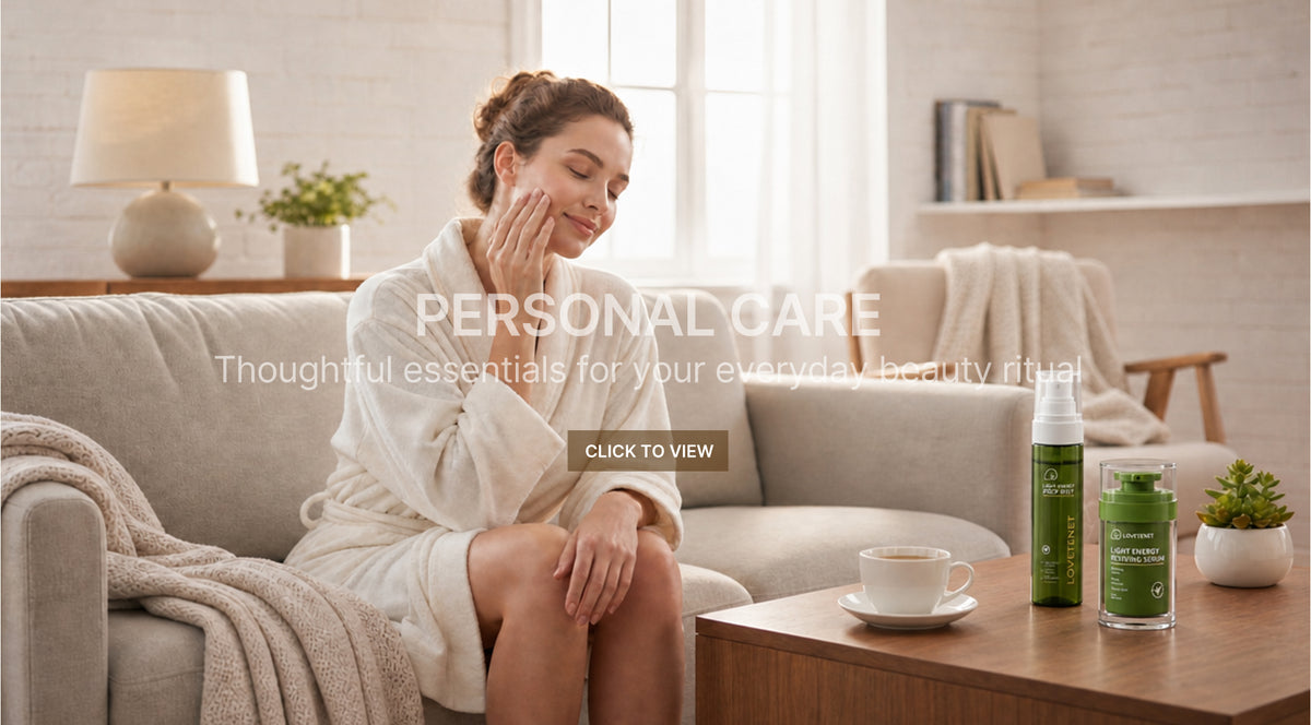 Woman in a calm personal care setting with Lovetenet skincare products products